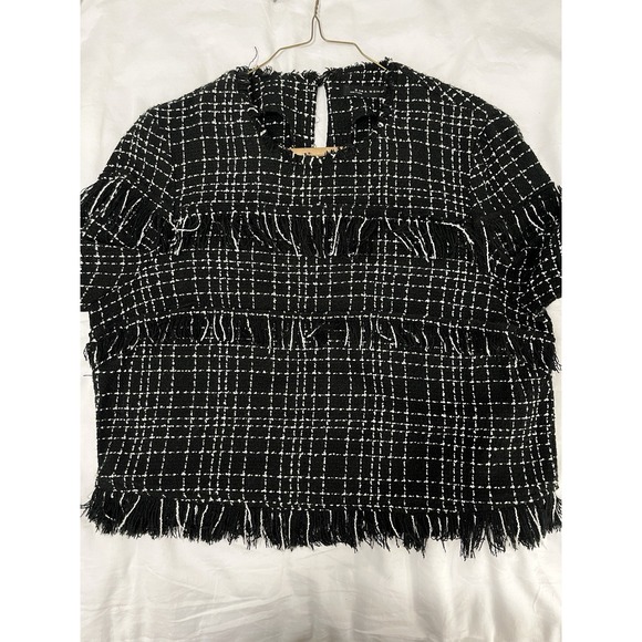 Zara Women's L Black White Tweed Long Sleeve Pullover Blouse Fringe Crop Work - Picture 3 of 7